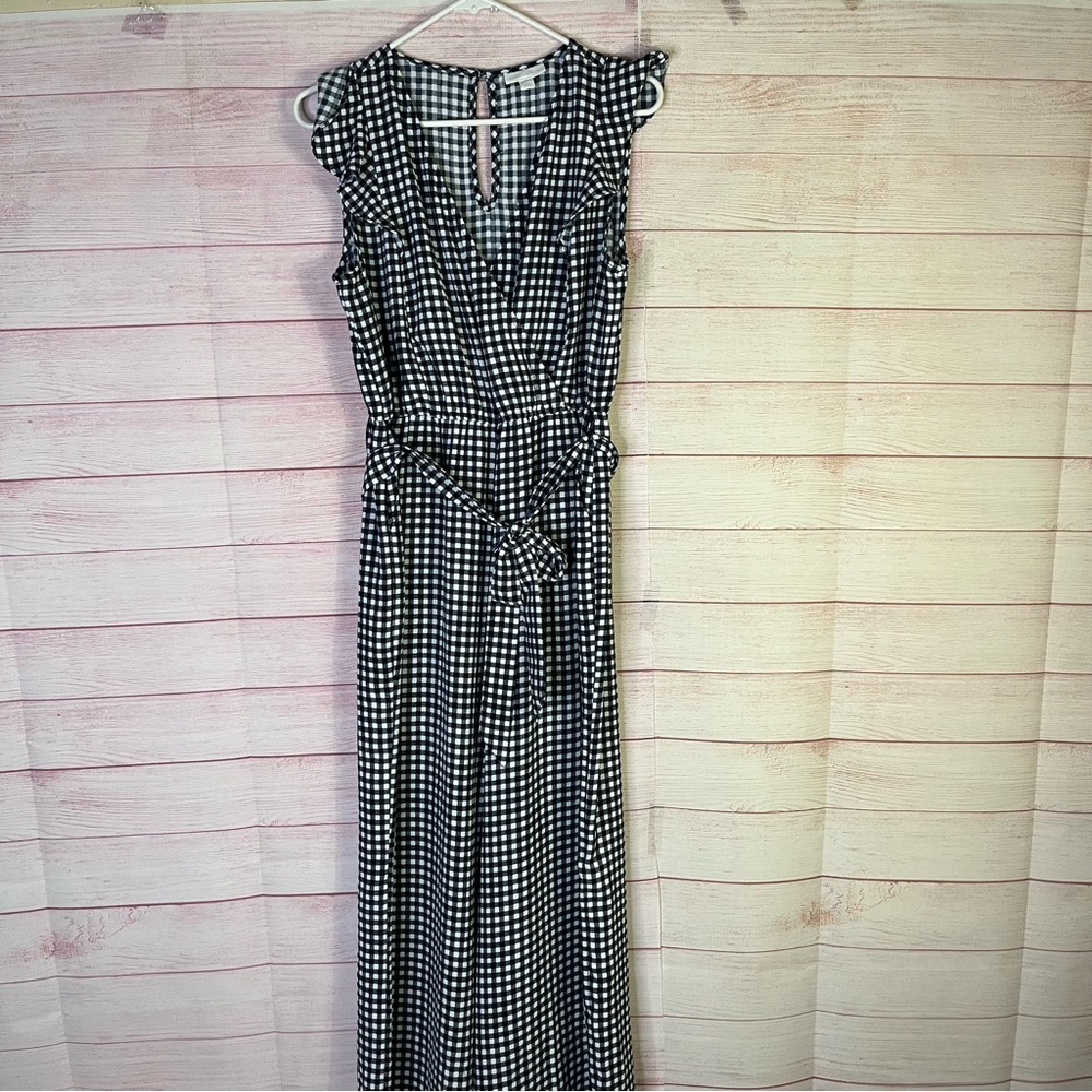 Charter Club Navy Blue‎ Gingham Wide Leg Belted Jumpsuit Size Medium